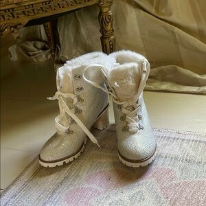 Women's Lauren Lorraine rhinestone White Fur-Lined Boots